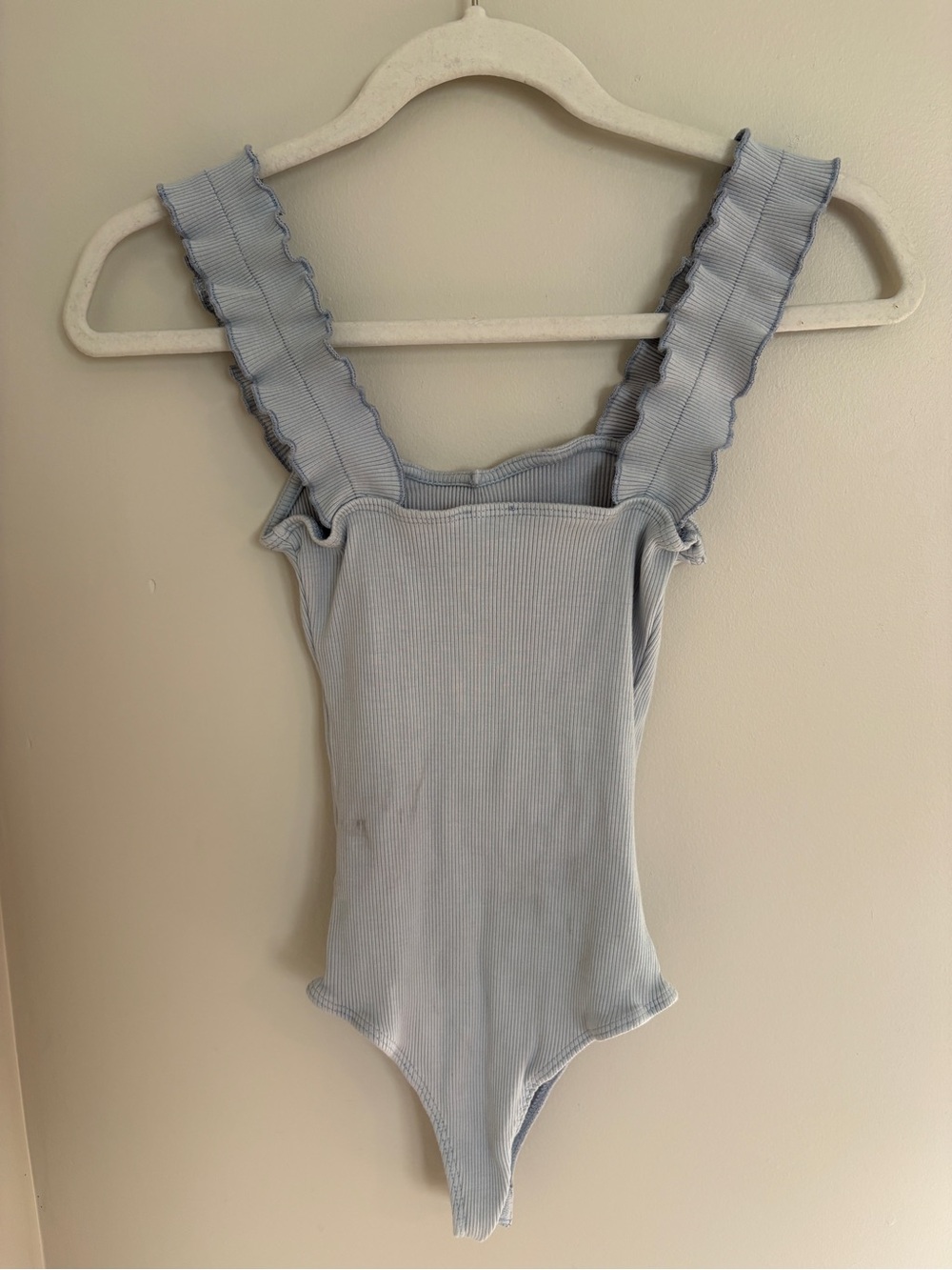 Francesca's Collections Light Blue Ribbed Ruffle-Strap Bodysuit - Picture 4 of 5